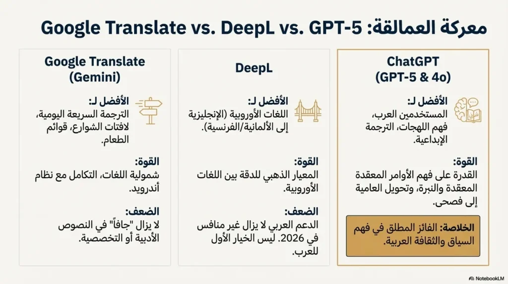 2. معركة العمالقة: مقارنة جوجل وديب إل و GPT في عام 2026